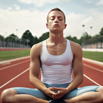 **

A serene athlete in a bubble, eyes closed, meditating on the track before a race. Soft, diffused light. Focus on facial expression of calm concentration. Incorporate elements of visualization (faint images of success overlaid). Concept: Mental preparation/stress management.

**