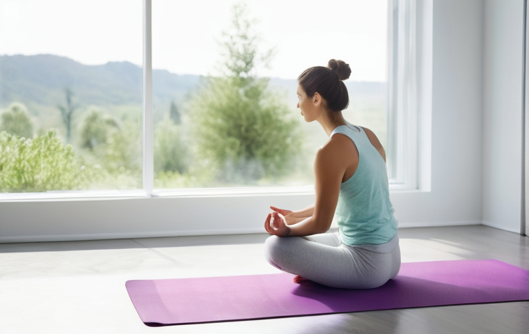 유도 매트 관리 방법 - **Prompt:** A serene and mindful woman, in her late 20s to early 30s, performing a gentle seated yog...