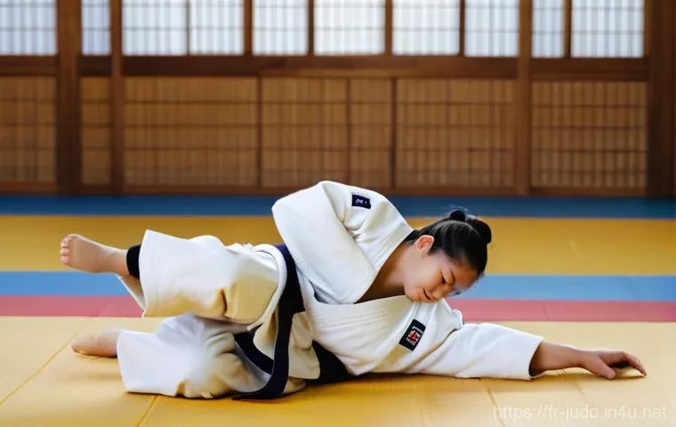 유도 초보자와 중급자의 차이 - **"A 16-year-old female judoka, wearing a clean, traditional white judogi, confidently executes a pe...
