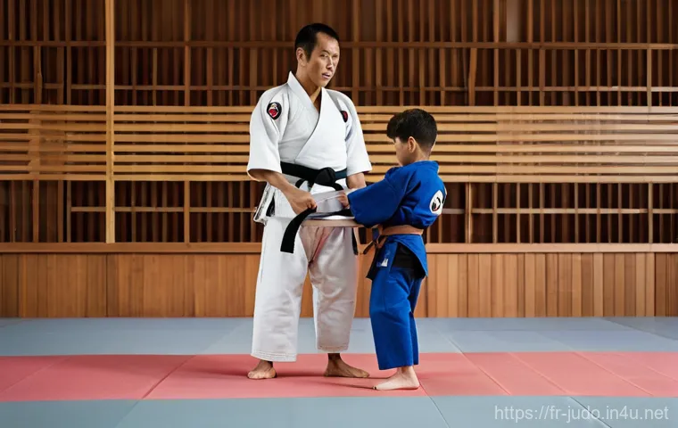 유도 초보자와 중급자의 차이 - **"Two adult judokas, one in a dark blue judogi and the other in a classic white judogi, are intense...