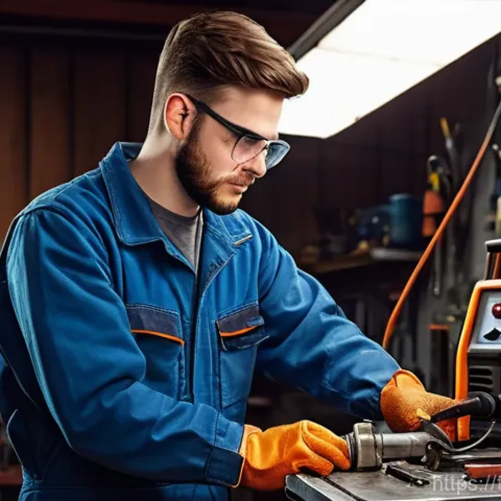 유도 장비 대여 방법 - **Prompt:** A young, focused man in his late 20s, wearing clean work overalls, safety glasses, and s...