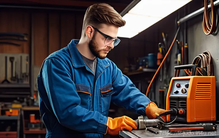 유도 장비 대여 방법 - **Prompt:** A young, focused man in his late 20s, wearing clean work overalls, safety glasses, and s...