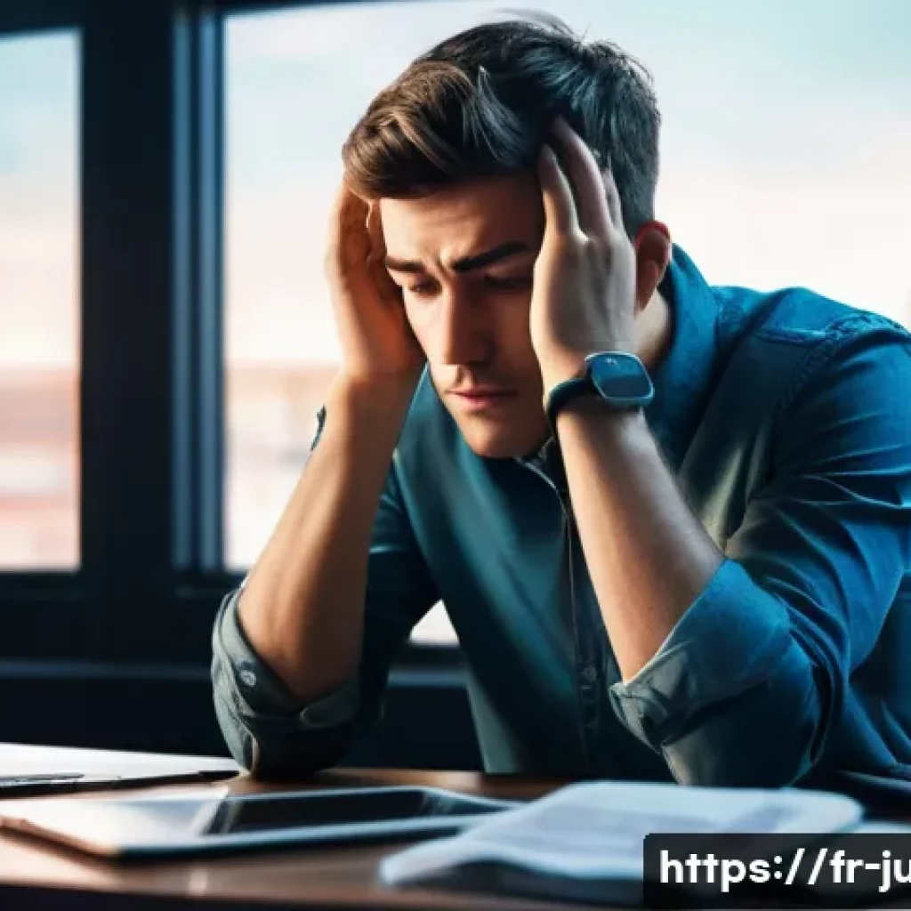 유도 집중력 훈련 - **Prompt:** A young adult, visibly overwhelmed and stressed, sitting at a desk cluttered with multip...