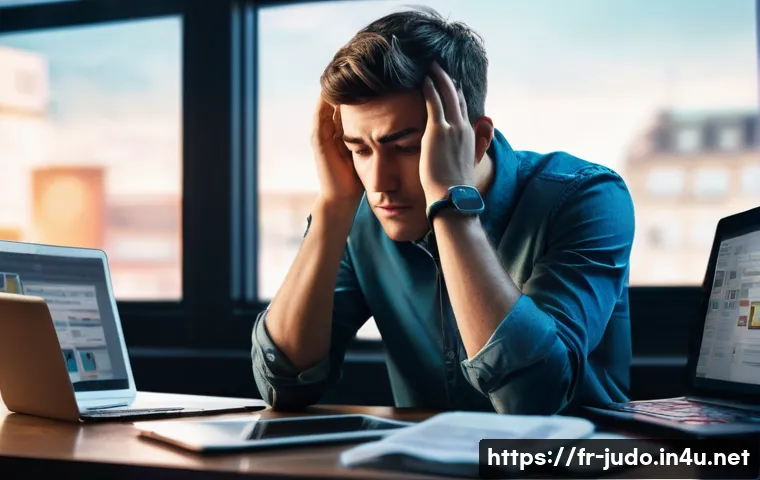 유도 집중력 훈련 - **Prompt:** A young adult, visibly overwhelmed and stressed, sitting at a desk cluttered with multip...