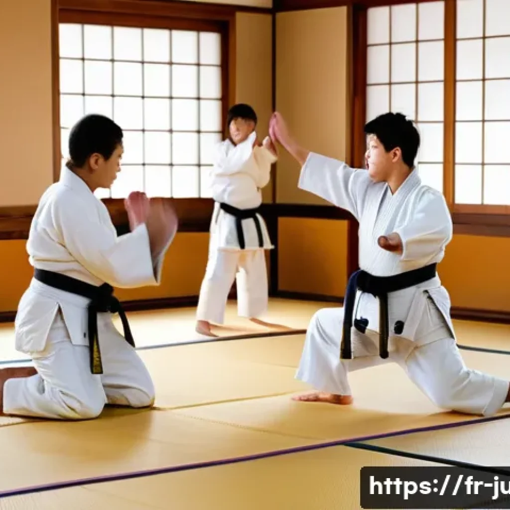 유도 선수 생활의 장단점 - A vibrant scene in a traditional Japanese dojo, bathed in soft, natural light filtering through larg...