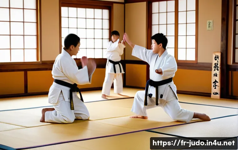 유도 선수 생활의 장단점 - A vibrant scene in a traditional Japanese dojo, bathed in soft, natural light filtering through larg...
