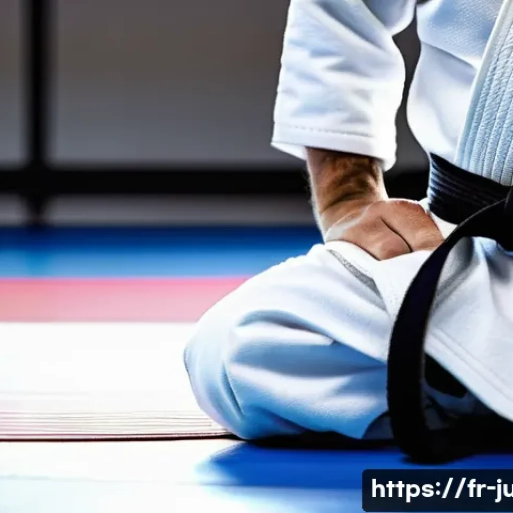 유도 시합 준비 체크리스트 - A focused judoka preparing for a competition in a clean, well-fitted white judogi with visible reinf...