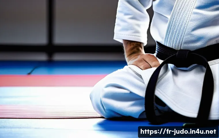 유도 시합 준비 체크리스트 - A focused judoka preparing for a competition in a clean, well-fitted white judogi with visible reinf...