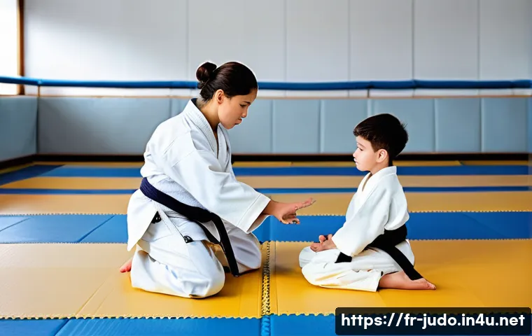 유도 수업 도중 발생 가능한 문제 - A warm, inviting judo dojo scene with a diverse group of children and teenagers practicing technique...