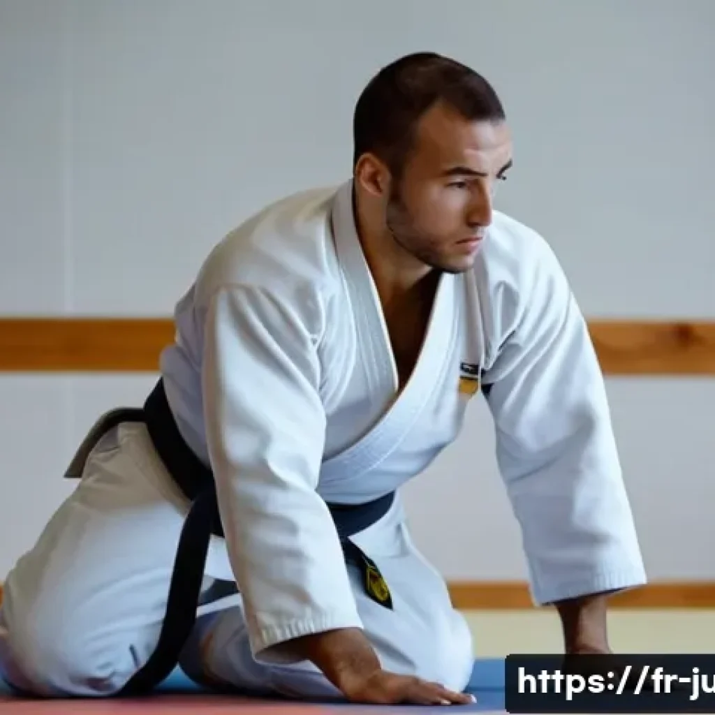 유도 트레이닝 계획 짜기 - A focused judo training session inside a modern dojo in France, featuring a male judoka in a white g...