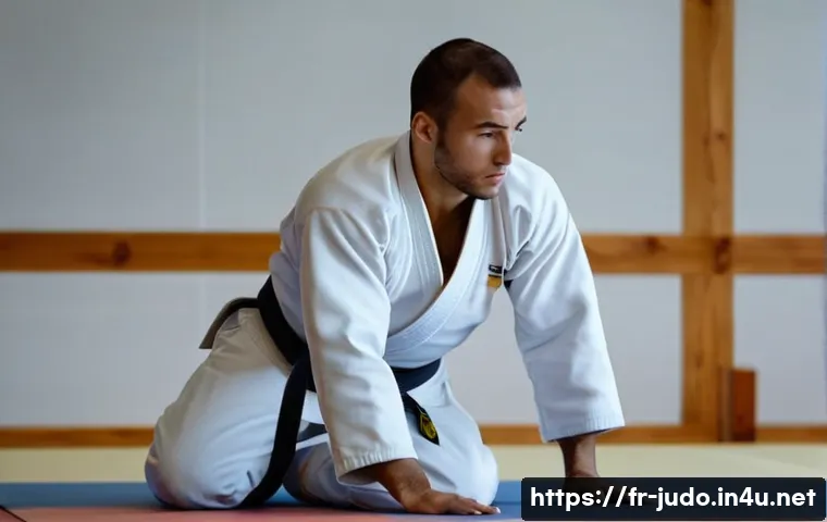 유도 트레이닝 계획 짜기 - A focused judo training session inside a modern dojo in France, featuring a male judoka in a white g...