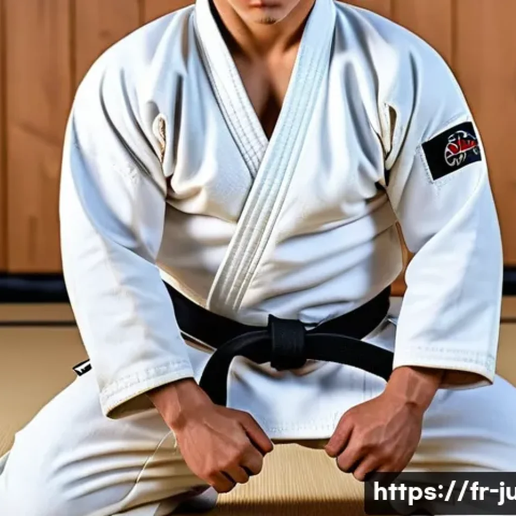 유도에 적합한 체형 - A dynamic judo scene featuring a balanced-height adult male judoka with a well-proportioned, athleti...