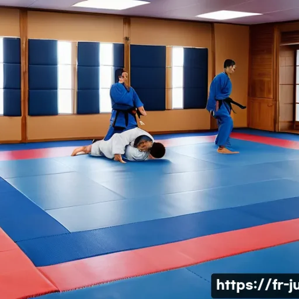 유도 학원 등록 가이드 - A spacious, modern judo dojo in a Parisian neighborhood during early evening, featuring clean, well-...
