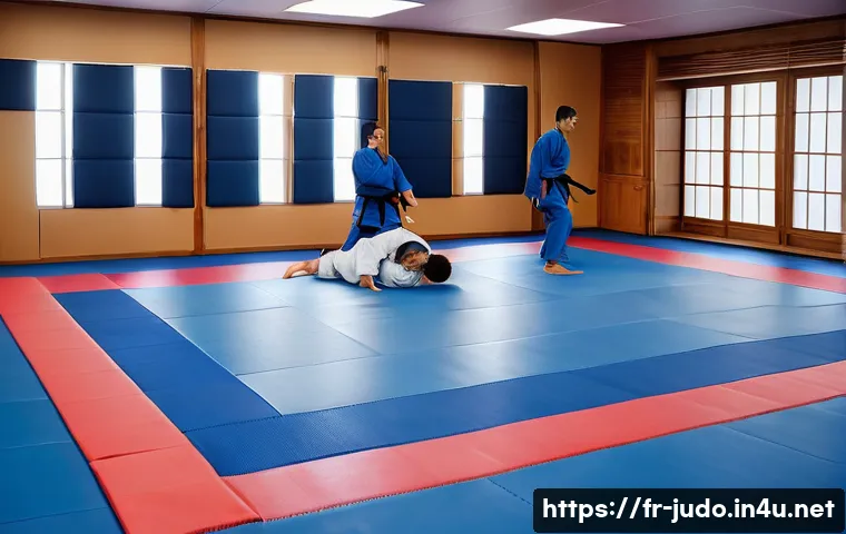 유도 학원 등록 가이드 - A spacious, modern judo dojo in a Parisian neighborhood during early evening, featuring clean, well-...