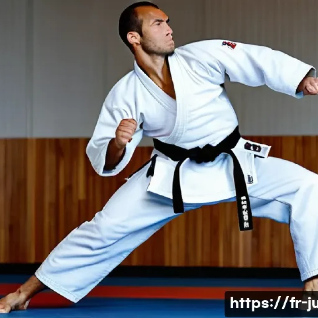 유도 국가대표 되는 법 - A focused French judoka in a modern dojo, wearing a clean white judogi with a black belt, performing...