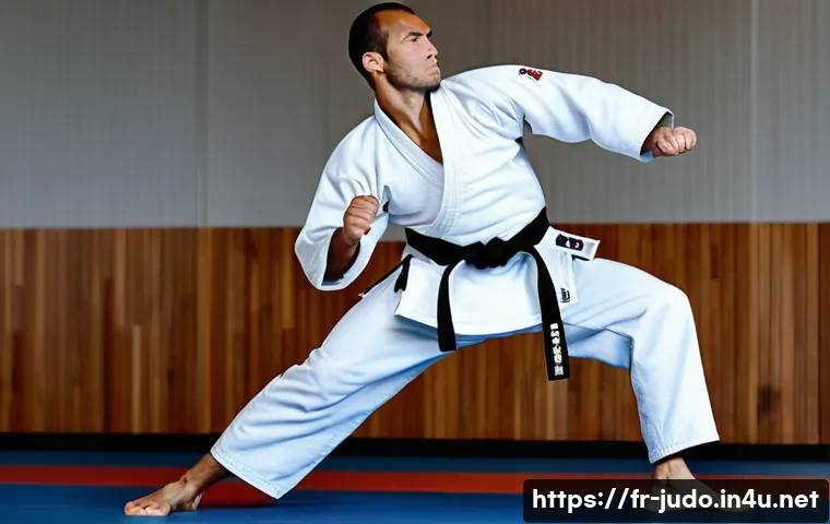 유도 국가대표 되는 법 - A focused French judoka in a modern dojo, wearing a clean white judogi with a black belt, performing...