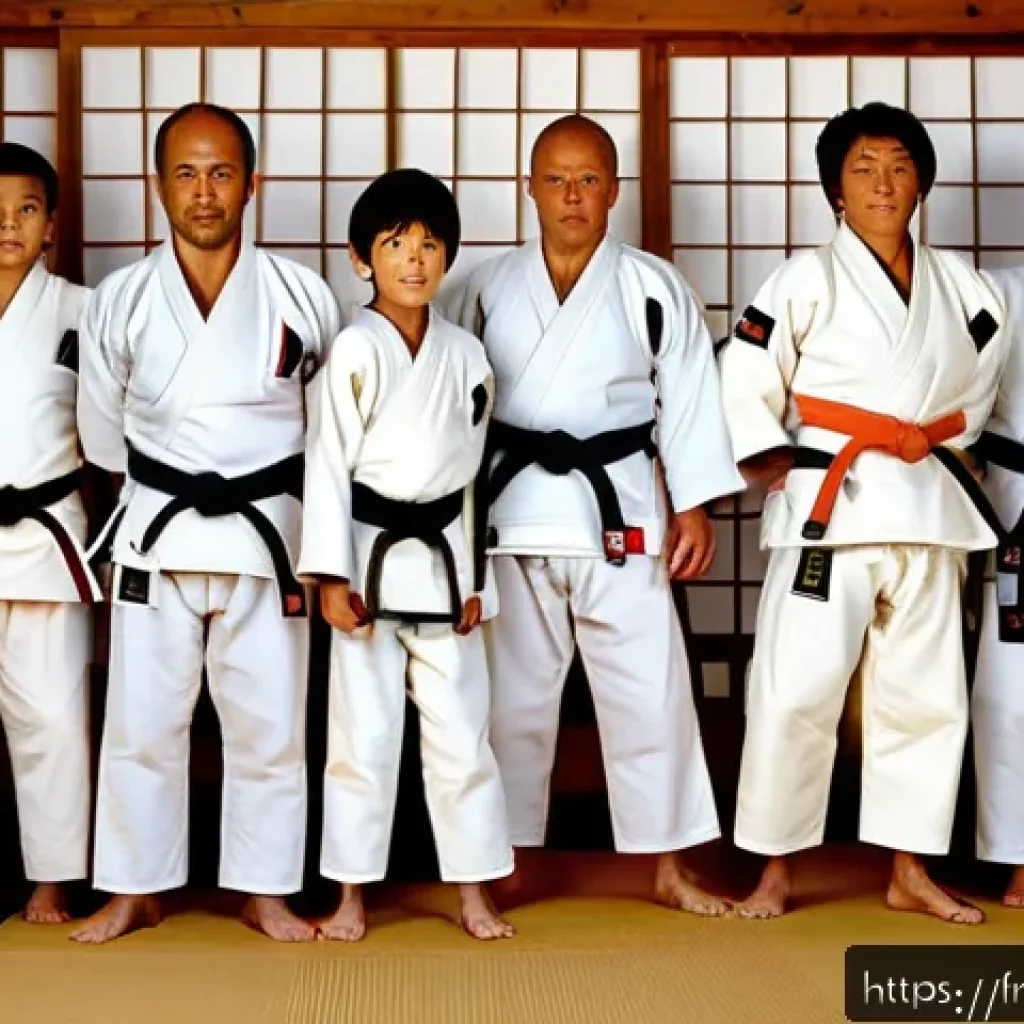 유도 벨트 단계별 설명 - A group of diverse judo practitioners training in a traditional dojo setting, wearing colorful judog...