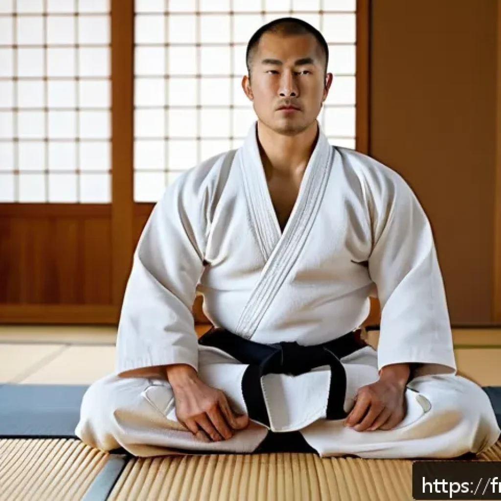 유도와 철학적 사고의 연결 - A serene judo practitioner meditating calmly on a traditional tatami mat inside a softly lit dojo, w...