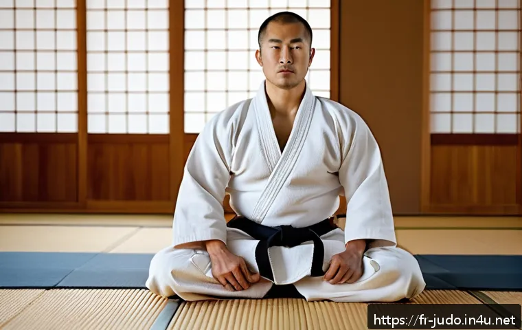 유도와 철학적 사고의 연결 - A serene judo practitioner meditating calmly on a traditional tatami mat inside a softly lit dojo, w...