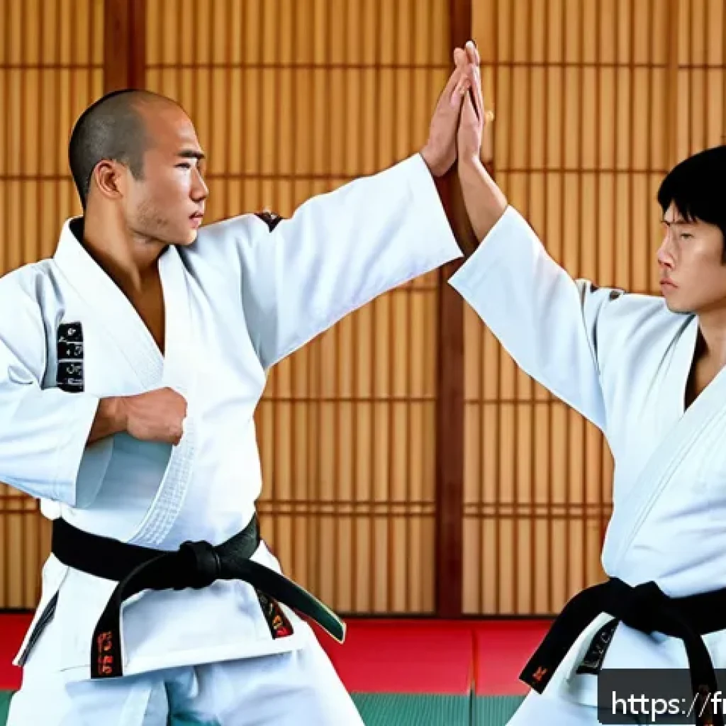 유도와 태권도의 차이점 - A serene judo dojo scene in a traditional Japanese style, featuring two judokas in thick white judog...