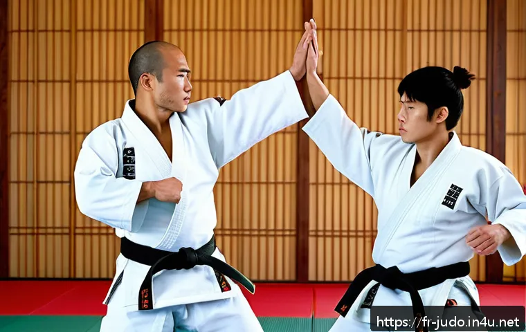 유도와 태권도의 차이점 - A serene judo dojo scene in a traditional Japanese style, featuring two judokas in thick white judog...