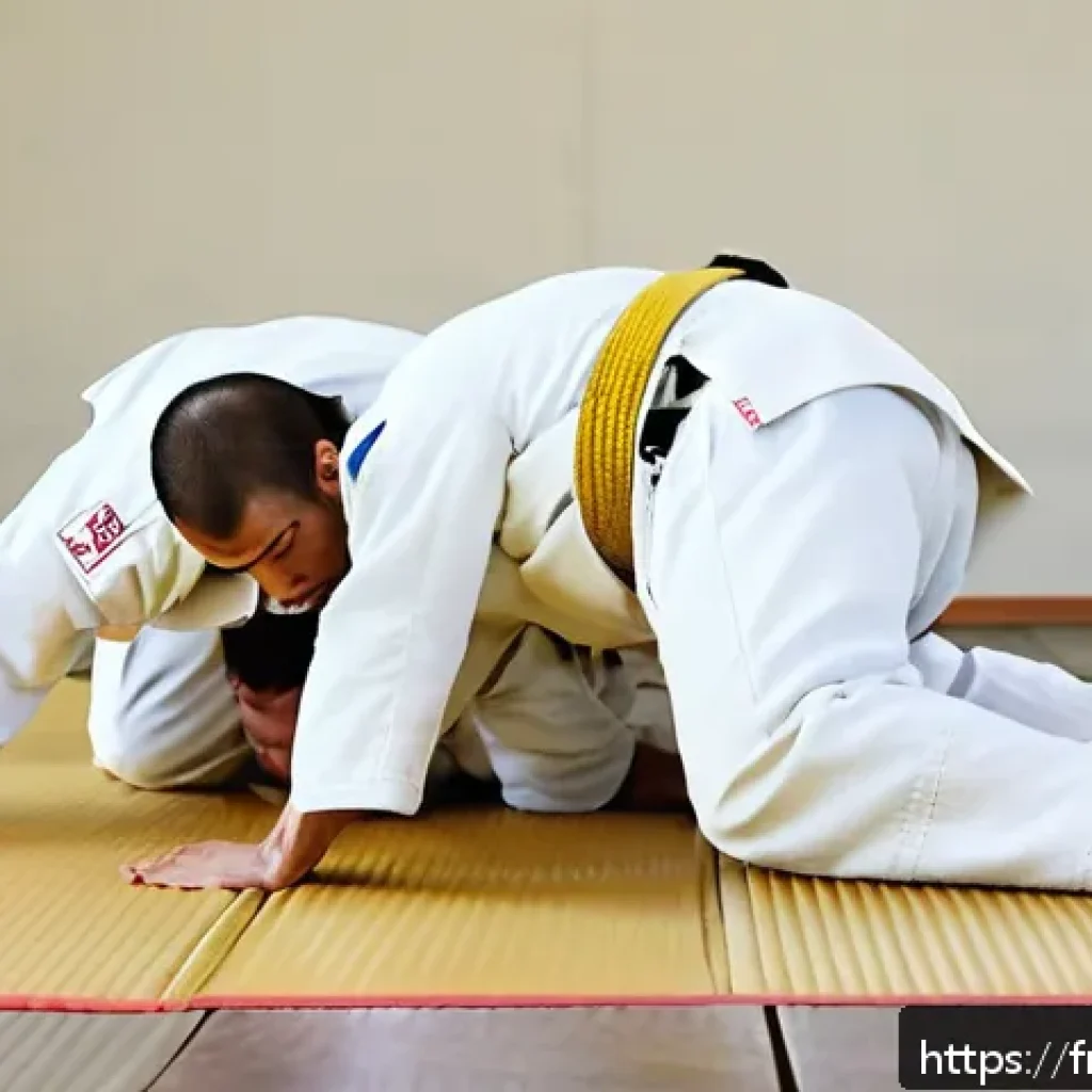 유도 초보자 실수와 해결법 - A detailed scene of two beginner judokas practicing in a well-lit dojo with wooden floors, both wear...