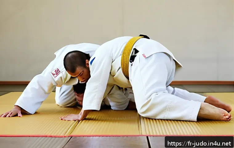유도 초보자 실수와 해결법 - A detailed scene of two beginner judokas practicing in a well-lit dojo with wooden floors, both wear...