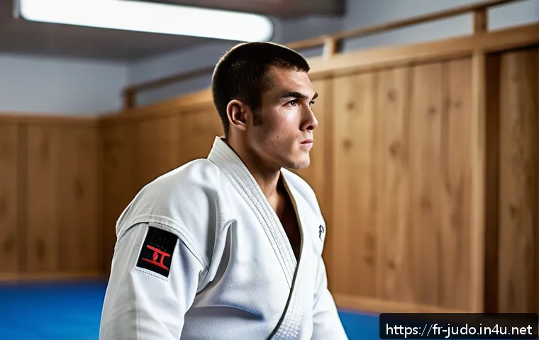 유도 선수 성공 사례 - A focused male judoka in his mid-20s training intensely on the tatami mat inside a traditional Europ...