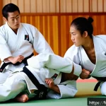 유도 중급자를 위한 강의 - A dynamic judo training scene on a traditional dojo tatami with two adult judokas wearing white judo...