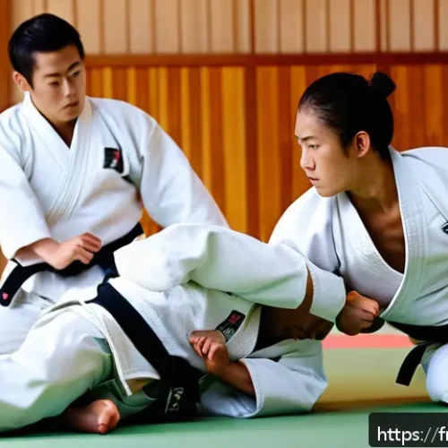 유도 중급자를 위한 강의 - A dynamic judo training scene on a traditional dojo tatami with two adult judokas wearing white judo...