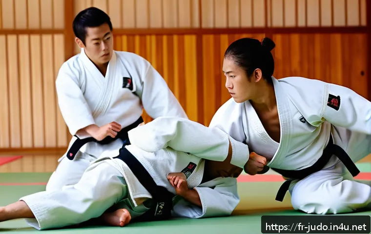 유도 중급자를 위한 강의 - A dynamic judo training scene on a traditional dojo tatami with two adult judokas wearing white judo...