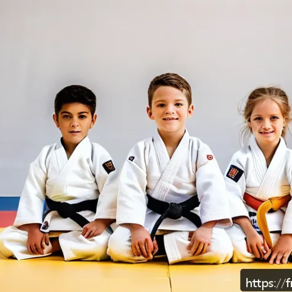 유도 배우기 적합한 연령대 - A group of diverse young children aged 4 to 6 wearing white judogi with belts of various colors, pra...