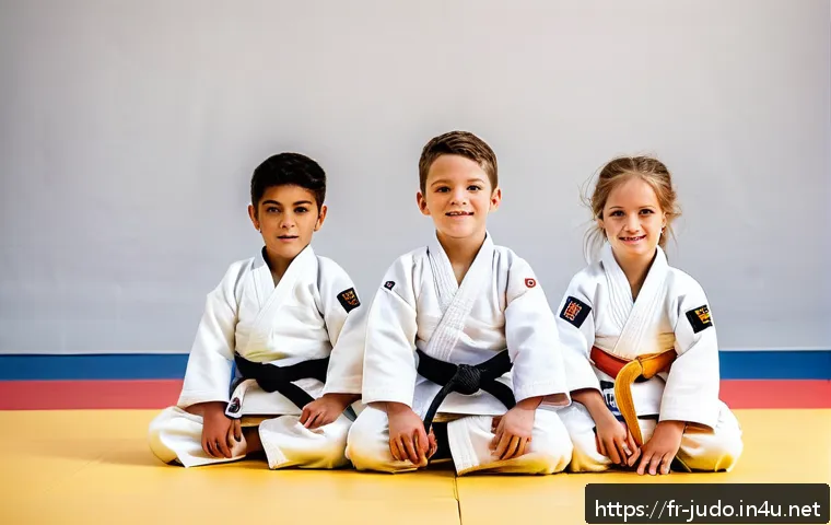 유도 배우기 적합한 연령대 - A group of diverse young children aged 4 to 6 wearing white judogi with belts of various colors, pra...