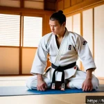 유도 훈련 시 에너지를 높이는 방법 - A focused judo athlete performing dynamic warm-up stretches in a serene dojo setting, wearing a clea...