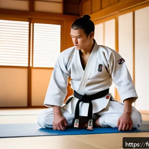 유도 훈련 시 에너지를 높이는 방법 - A focused judo athlete performing dynamic warm-up stretches in a serene dojo setting, wearing a clea...