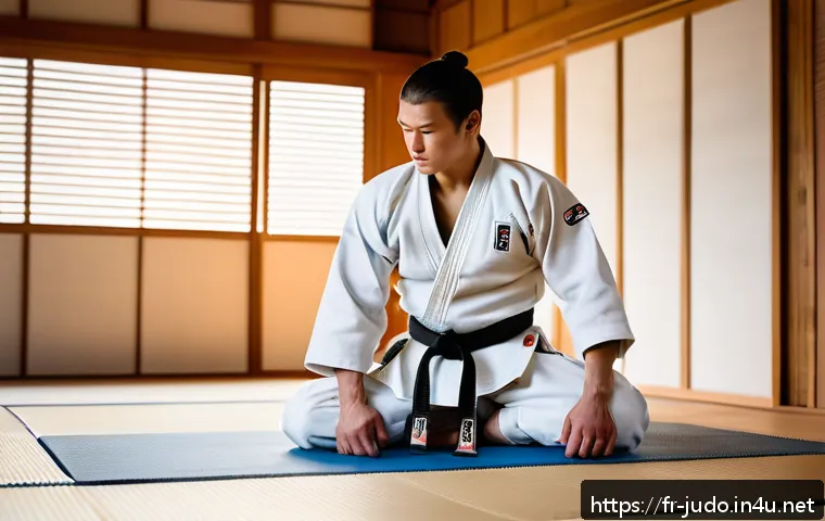 유도 훈련 시 에너지를 높이는 방법 - A focused judo athlete performing dynamic warm-up stretches in a serene dojo setting, wearing a clea...
