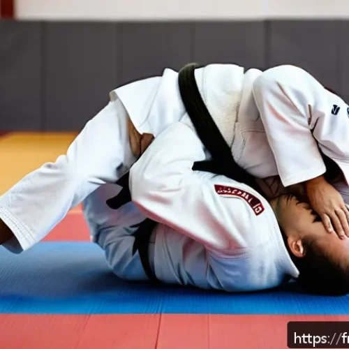 유도 쓰루기 연습법 - A detailed scene of two judokas practicing ne-waza on a traditional judo mat indoors, both wearing s...
