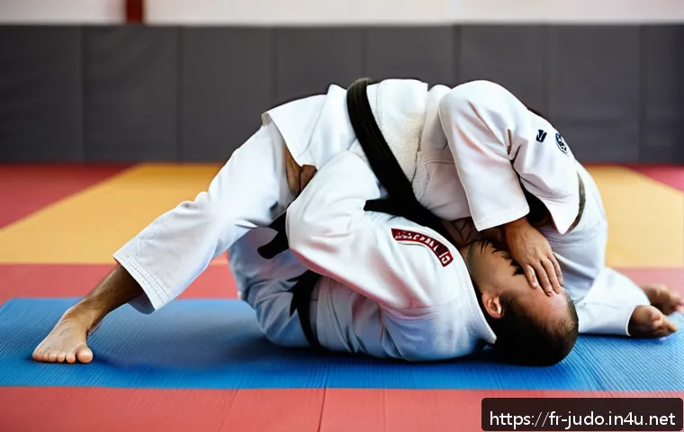 유도 쓰루기 연습법 - A detailed scene of two judokas practicing ne-waza on a traditional judo mat indoors, both wearing s...