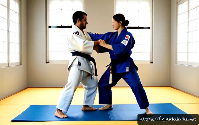 Home 13 유도 경기에 사용되는 기술 비교 - Photorealistic judo technique comparison in a bright French dojo: two adult judoka in clean white an...