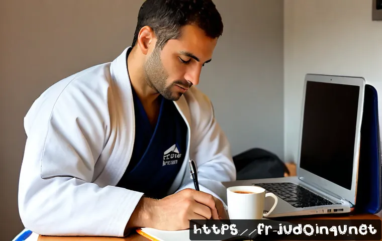 유도 훈련 후기 블로그 작성법 - Photorealistic editorial scene of a French amateur judo practitioner writing a training review at a ...