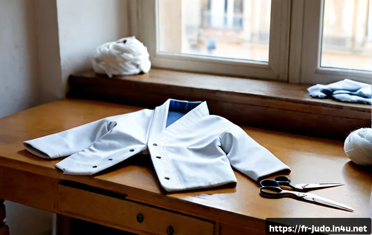 유도 도복 리폼 방법 - Photorealistic French home sewing workspace, a clean white judo jacket laid flat on a large wooden t...