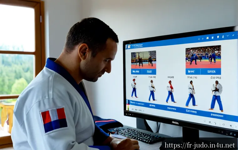 Home 17 유도 영상 편집 방법 - Photorealistic home video-editing workspace in France, an adult judo coach wearing a clean white jud...