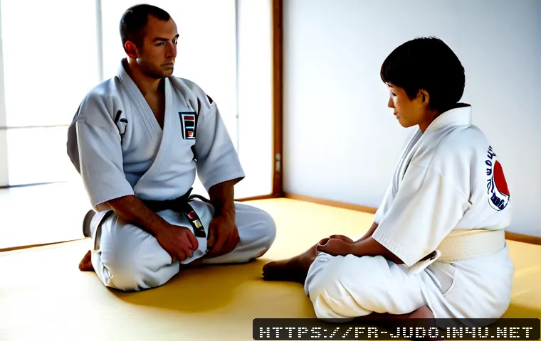유도 훈련 중 발생할 수 있는 부상 - Photorealistic French judo dojo scene, adult judoka in clean white uniform seated safely on tatami m...